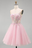 Corsetto floreale rosa A-line spalline a spaghetti paillettes abito corto di ritorno a casa con perline