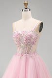Corsetto floreale rosa A-line spalline a spaghetti paillettes abito corto di ritorno a casa con perline