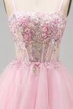 Corsetto floreale rosa A-line spalline a spaghetti paillettes abito corto di ritorno a casa con perline