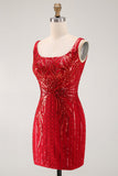 Abito corto di Homecoming in Bodycon Bordeaux scintillante con paillettes scollo quadrato