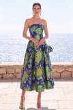 Abito Midi Jacquard senza spalline a fiori rosa
