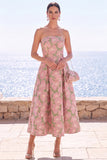 Abito Midi Jacquard senza spalline a fiori rosa