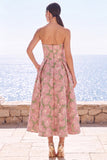 Abito Midi Jacquard senza spalline a fiori rosa