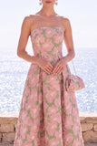 Abito Midi Jacquard senza spalline a fiori rosa