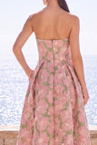 Abito Midi Jacquard senza spalline a fiori rosa