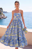 Abito floreale Jacquard Midi A-Line senza spalline verde scuro con volant