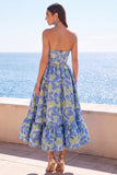Abito floreale Jacquard Midi A-Line senza spalline verde scuro con volant