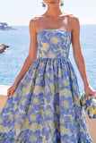 Abito floreale Jacquard Midi A-Line senza spalline verde scuro con volant