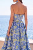 Abito floreale Jacquard Midi A-Line senza spalline verde scuro con volant