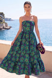Abito floreale Jacquard Midi A-Line senza spalline verde scuro con volant