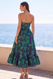 Abito floreale Jacquard Midi A-Line senza spalline verde scuro con volant