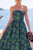 Abito floreale Jacquard Midi A-Line senza spalline verde scuro con volant