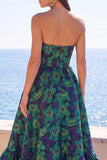 Abito floreale Jacquard Midi A-Line senza spalline verde scuro con volant