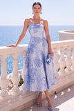 Abito midi senza spalline blu Jacquard A-Line
