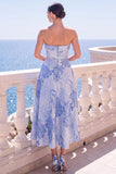 Abito midi senza spalline blu Jacquard A-Line