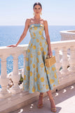 Abito midi senza spalline blu Jacquard A-Line