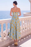 Abito midi senza spalline blu Jacquard A-Line