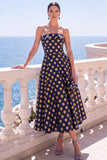 Abito midi senza spalline blu Jacquard A-Line