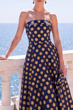 Abito midi senza spalline blu Jacquard A-Line