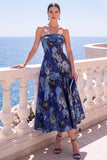 Abito midi senza spalline blu Jacquard A-Line