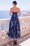 Abito midi senza spalline blu Jacquard A-Line