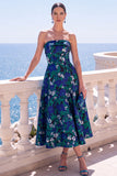 Abito midi senza spalline blu Jacquard A-Line