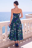 Abito midi senza spalline blu Jacquard A-Line