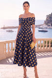Abito midi a linea A con fiori verde navy con spalle e pizzo sulla schiena