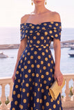 Abito midi a linea A con fiori verde navy con spalle e pizzo sulla schiena