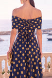 Abito midi a linea A con fiori verde navy con spalle e pizzo sulla schiena