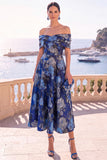 Abito midi a linea A con fiori verde navy con spalle e pizzo sulla schiena