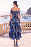 Abito midi a linea A con fiori verde navy con spalle e pizzo sulla schiena