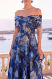 Abito midi a linea A con fiori verde navy con spalle e pizzo sulla schiena