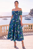 Abito midi a linea A con fiori verde navy con spalle e pizzo sulla schiena