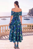 Abito midi a linea A con fiori verde navy con spalle e pizzo sulla schiena