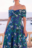 Abito midi a linea A con fiori verde navy con spalle e pizzo sulla schiena