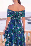Abito midi a linea A con fiori verde navy con spalle e pizzo sulla schiena