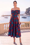 Abito midi a linea A con fiori verde navy con spalle e pizzo sulla schiena