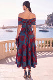 Abito midi a linea A con fiori verde navy con spalle e pizzo sulla schiena