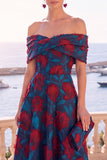 Abito midi a linea A con fiori verde navy con spalle e pizzo sulla schiena