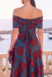 Abito midi a linea A con fiori verde navy con spalle e pizzo sulla schiena