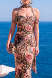 Abito Maxi floreale Maxi a scollo arriccito in velluto verde sirena