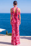 Abito Maxi floreale Maxi a scollo arriccito in velluto verde sirena