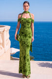 Abito Maxi floreale Maxi a scollo arriccito in velluto verde sirena