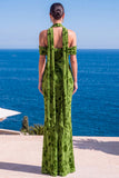 Abito Maxi floreale Maxi a scollo arriccito in velluto verde sirena
