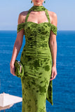 Abito Maxi floreale Maxi a scollo arriccito in velluto verde sirena
