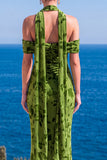 Abito Maxi floreale Maxi a scollo arriccito in velluto verde sirena