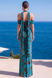 Abito Maxi floreale Maxi a scollo arriccito in velluto verde sirena