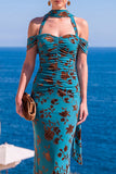 Abito Maxi floreale Maxi a scollo arriccito in velluto verde sirena