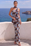Abito Maxi Floreale Arancione Sirena con una sola spalla